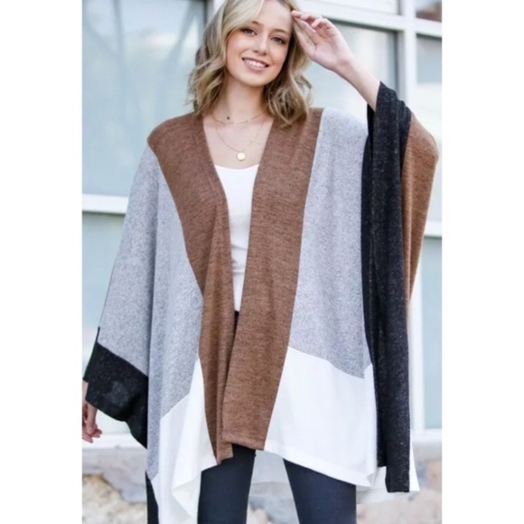 Gray Camel Color Block Dolman Poncho Cardigan - Picture 1 of 6